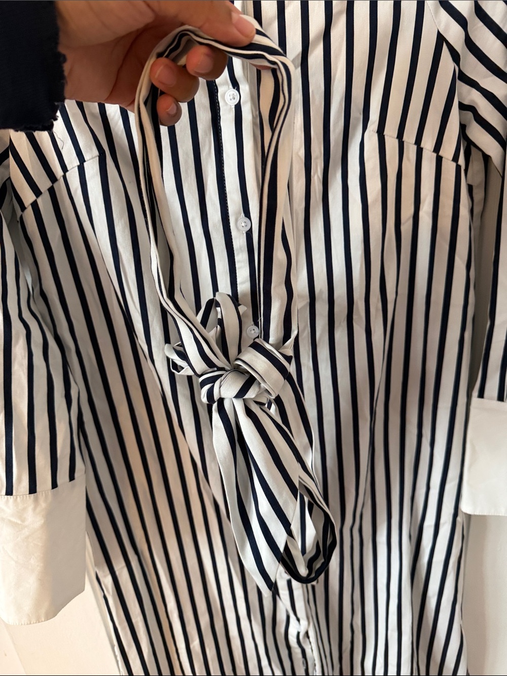 Striped Tie-Waist Shirt Robe - White & Black - Picture 11 of 11